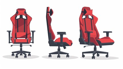 Gaming chair or office chair from various points of view. Ergonomic chair in front view, rear view, side view. Furniture icon for Interior design in flat design. Vector illustration