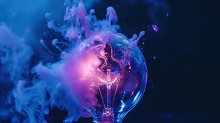 High speed studio photography, moment of the impact of a bullet on a classic electric bulb. Detail of glass explosion, blue and purple lighting. Concept of obsolete energy