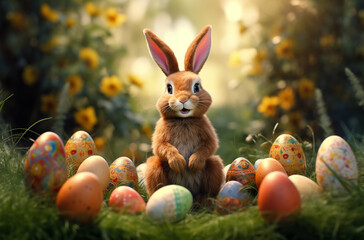 Osterhase auf einer wiese mit Ostereiern