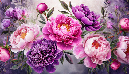 Illustration of colorful peonies, peonies in shades of pink, purple, saturated colors, a bouquet of flowers