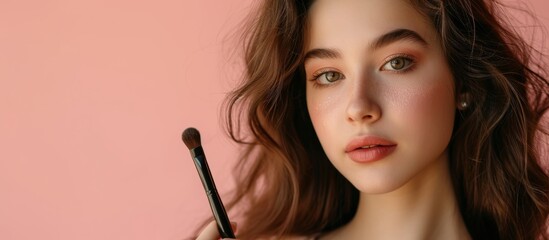 Stunning Teenage Girl Enhancing Beauty with Makeup Brush against Beige Background