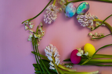 Happy easter! Flat Lay, postcard or Internet banner with Copy Space on Easter