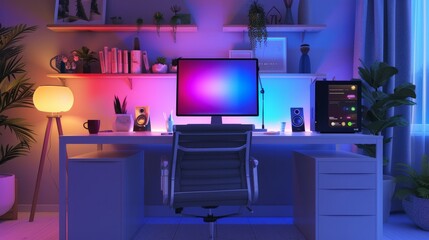 Modern Work desk with colored led light - Smart home. 3D render - obrazy, fototapety, plakaty