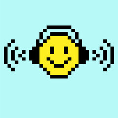 Pixelated retro emoji smile. Head in headphones with musical waves.