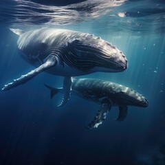 A humpback whale supports her very young calf near the ocean's surface