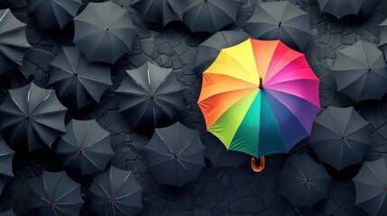 rainbow umbrella fly out the mass of black umbrellas - obrazy, fototapety, plakaty