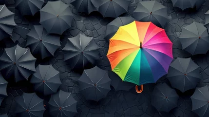 Fotobehang rainbow umbrella fly out the mass of black umbrellas © Orxan