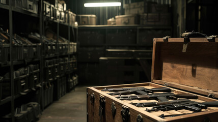 Weapon in wooden box in military warehouse, modern guns inside dark storage. Illegal smuggle arsenal of firearm. Concept of war, industry, store, package, violence and crime - obrazy, fototapety, plakaty