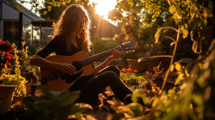 Girl plays guitar in flower garden at sunset, guitarist practices music outside home. Young woman player with acoustic instrument sits at backyard. Concept of nature, musician, song