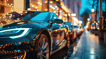 Luxury shiny car parked at store at night, modern vehicle near building window on city street. Urban reflections and neon lights background. Concept of sport, technology, design,