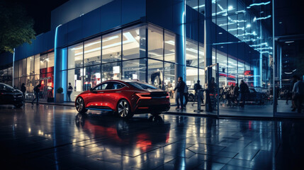 Luxury new car parked at dealership at night, modern shiny vehicles view through store window on...