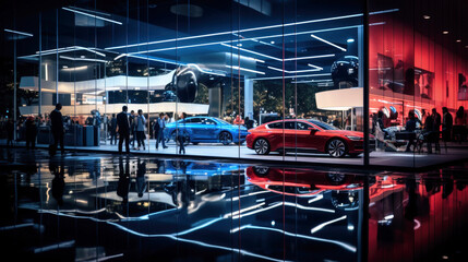 Luxury new cars inside store at night, modern shiny vehicles view through window of dealership on city street. Urban reflections and neon lights background. Concept of sport, design. - obrazy, fototapety, plakaty