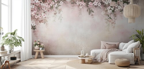 Soft blush tones set the stage for an ethereal display of abstract florals, creating a dreamy and enchanting visual experience on the solid wall. - obrazy, fototapety, plakaty
