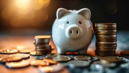 piggy bank standing next to coins stacking on a table