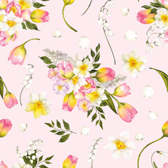 Seamless pattern with first spring flowers, tulip, lilac, sakura, pansy, snowdrop, isolated on colored background. Watercolor hand draw botanical.