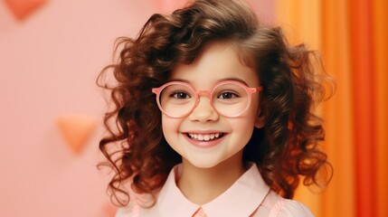 Obraz premium Cute girl with glasses smile in peach background
