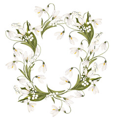 Watercolor floral wreath with hand draw first spring flowers and leaves, sakura, snowdrop, tulip, pansy, lilly, isolated on transparent background, PNG files