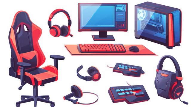 Streamer room assets. Gaming keyboard, chair and headphones. Gamer items cartoon vector set of headphones for streamer, computer and player keyboard illustration