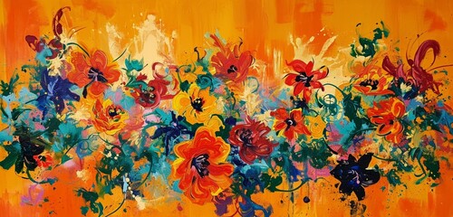 Obraz na płótnie Canvas Vibrant tangerine serves as the background for an explosion of abstract floral motifs, creating a lively and energetic composition that demands attention.