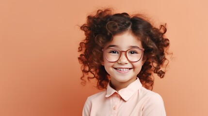 Obraz premium Cute girl with glasses smile in peach background