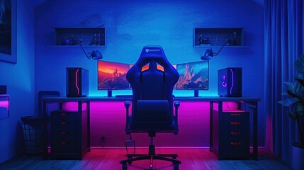 Workplace for professional gamer in computer games online tournaments, comfortable chair backlit keyboard monitors blue backgrounds 3D Rendering - obrazy, fototapety, plakaty