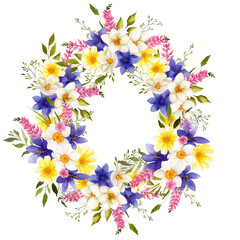 Watercolor hand draw wreath with spring flowers, leaves, herbs, grass, isolated on transparent background, PNG files. First spring floral.