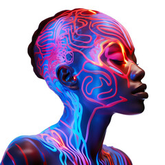 woman face illuminated by vibrant neon lights on a transparent background png isolated