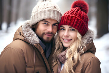 Fototapeta premium portrait of a happy loving couple in warm clothes outdoors in winter. love and family relationships