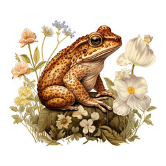 frog perched on a rock next to some white flowers on a transparent background png isolated