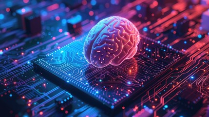 A highly detailed, hyper-realistic stock image showcasing a human brain integrated with a modern circuit board. The intricate neural pathways and visible synapses depict the cutting-edge computing