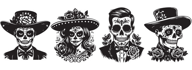 Día de los Muertos Mexican characters, decorative faces with floristic motifs, black and white vector