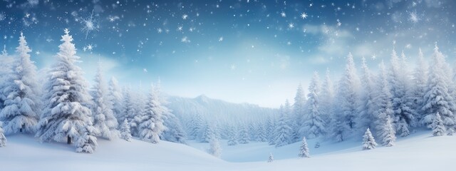 Enchanting Winter Wonderland at Twilight With Snow-Covered Pine Trees Sparkling Under Starry Sky