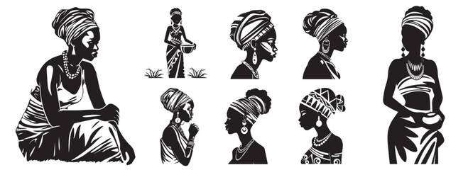 Beautiful African women, collection of set of ornamental black and white vectors without color - obrazy, fototapety, plakaty