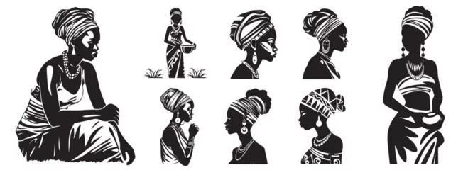 Foto op Canvas Beautiful African women, collection of set of ornamental black and white vectors without color © Cris