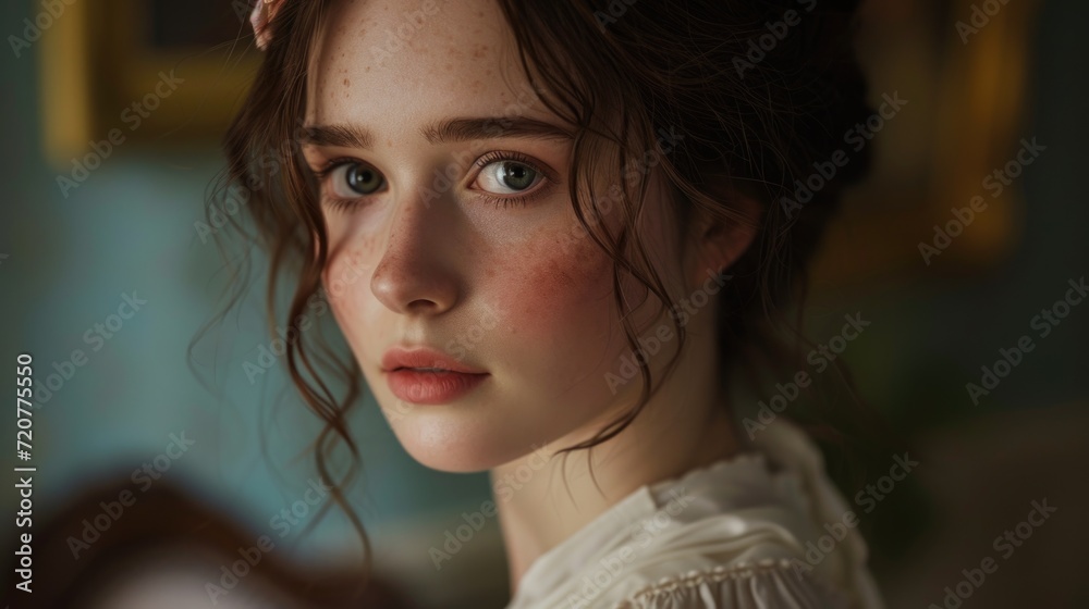 Poster A close-up view of a woman's face with noticeable freckles. This image can be used in various contexts