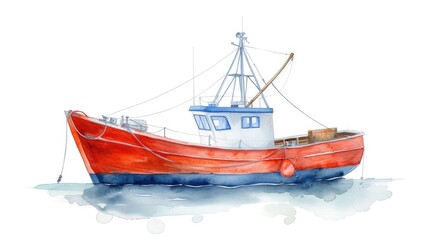 A watercolor painting of a boat floating in calm waters. This picture can be used to depict tranquility and the beauty of nature