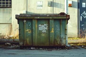 Fototapeta na wymiar A picture of a green dumpster sitting in front of a building. This image can be used to depict waste management, construction sites, or urban environments