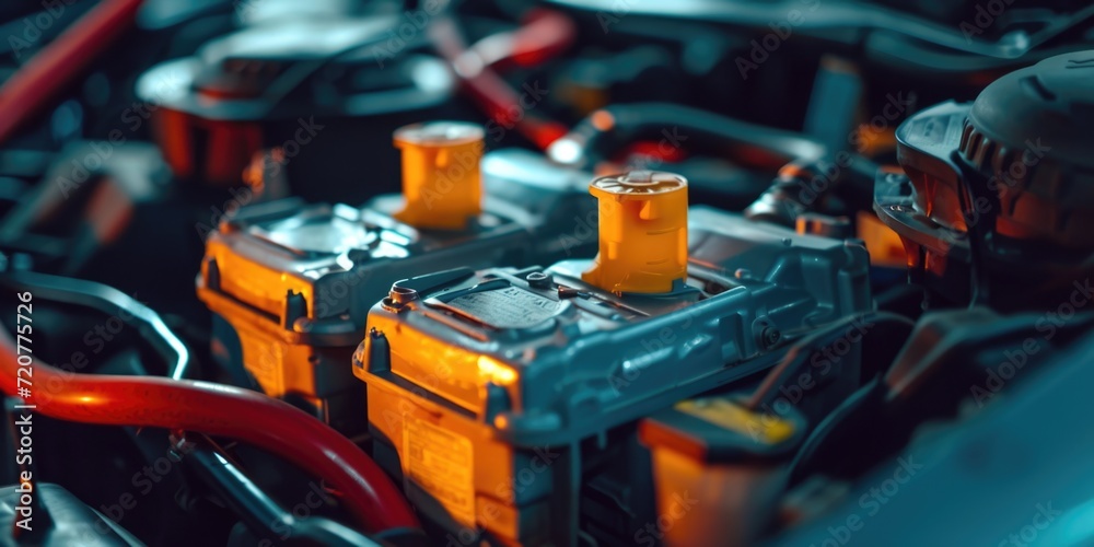 Poster Close up view of a car's engine bay. This image can be used to showcase automobile maintenance, car repairs, or automotive technology