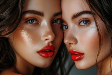 Two beautiful women with vibrant red lipstick posing for a picture. Perfect for fashion, beauty, or lifestyle projects