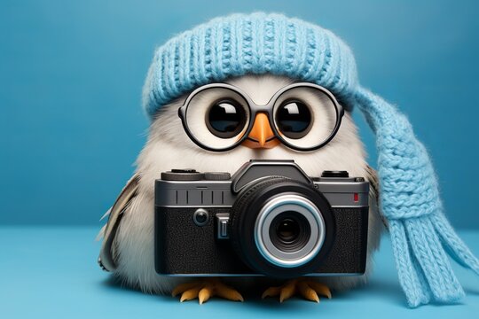 Funny cute cartoon bird with a hat and a camera
