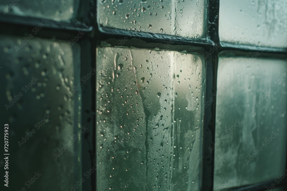 Poster A close up view of rain drops on a window. Perfect for adding a touch of nature and tranquility to any project