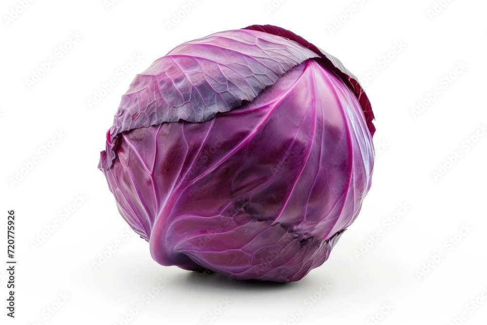 Poster a detailed view of a purple cabbage on a clean white surface. this image can be used to showcase the