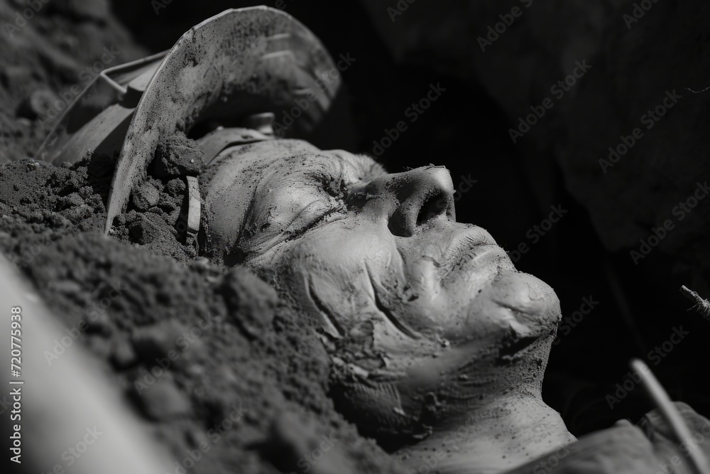 Poster a black and white photo capturing the essence of a statue of a man. this versatile image can be used