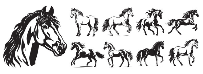 Horses galloping collection set, beautiful animals, colorless black and white graphics