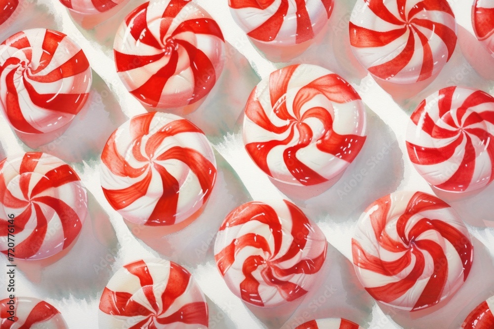 Poster A close-up view of many red and white candies. Perfect for adding a pop of color to your designs and decorations