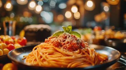 A delicious plate of spaghetti topped with tomato sauce and sprinkled with parmesan cheese. Perfect for Italian cuisine or food-related projects - obrazy, fototapety, plakaty