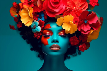 fashion portrait of a girl in a neon haze with beautiful flowers on her head.