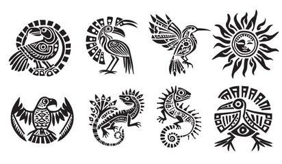 Mayan aztec and inca ethnic animal signs, black and white vector decoration