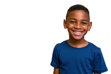 Portrait of a smiling African little boy in a blue t-shirt on transparent background. Front view, happy child in a blue shirt.