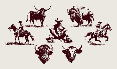 Western Rodeo Cowboy Vector Set, Vintage Illustration Buffalo, Cattle, Coyote, Cowboy Rancher, wild west desert aesthetic	 - 720776388